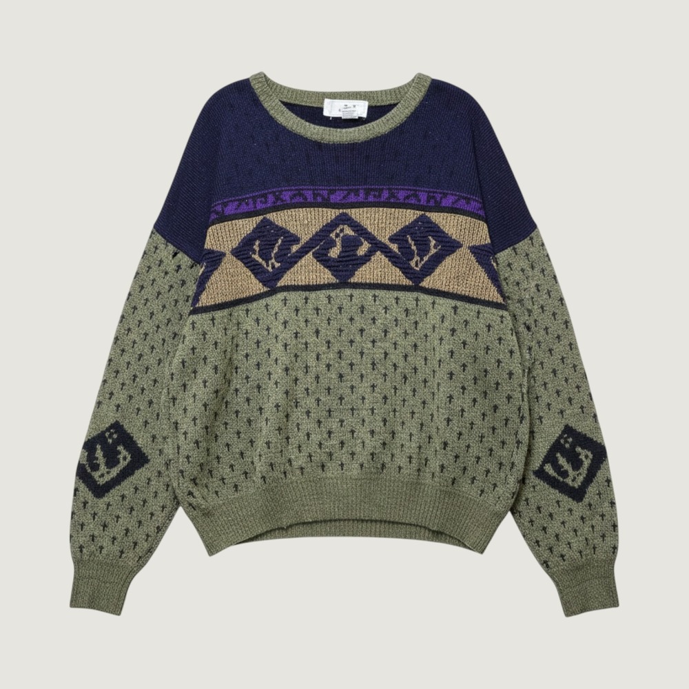 Vintage 90s Wool Blend Knit Sweater Mens Large Green JED Geometric Dark Acadamia